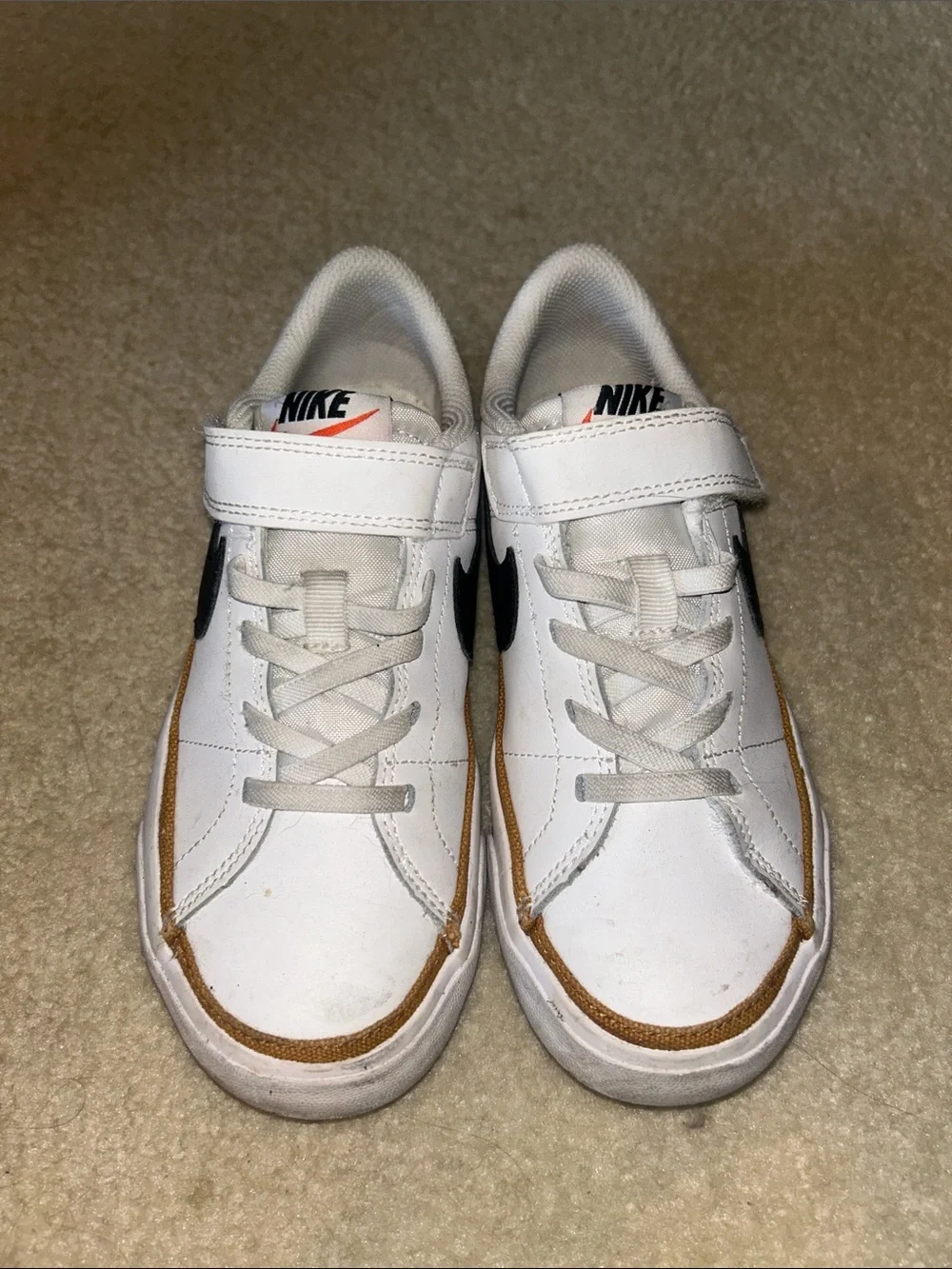 Nike Kids’ Court Legacy Sneakers White w/Black Swoosh and Desert Ochre Trim